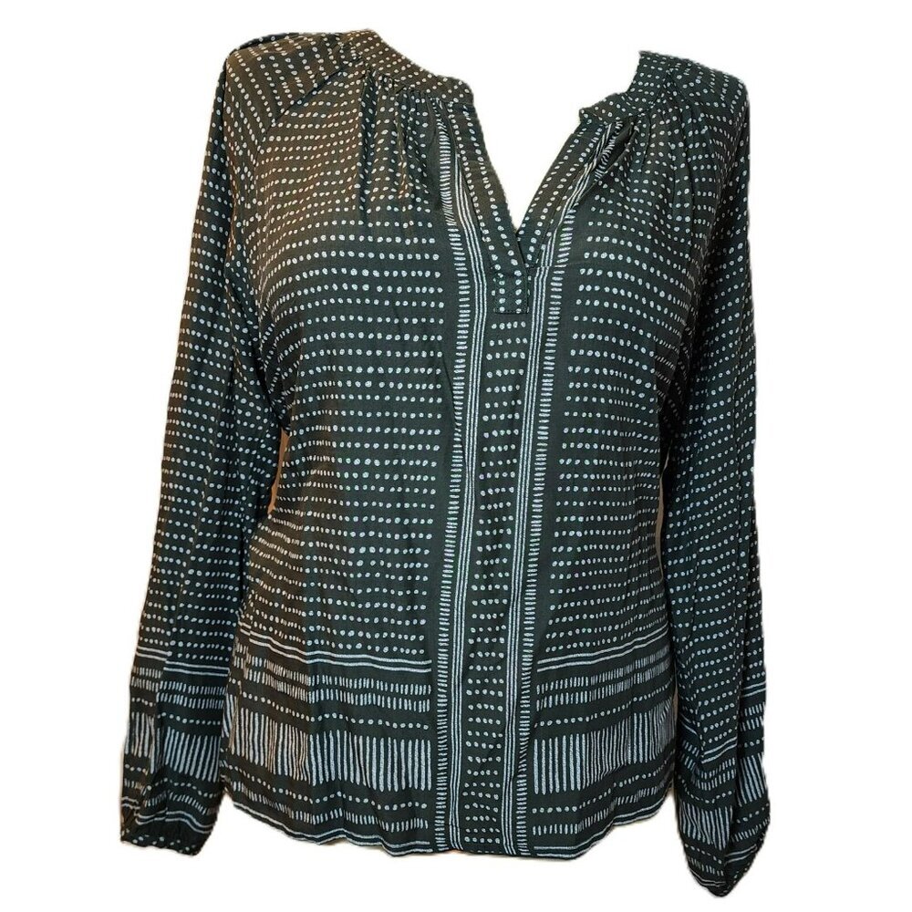 Sandwich Blouse 12  Green White Dot Stripe  V-Neck  Lightweight Long Sleeve